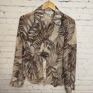 ST. JOHN tan leaves ruffle silk blouse 6